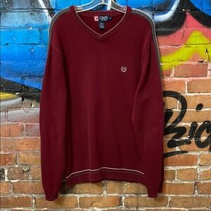 CHAPS-men’s burgundy w/gray stripe cotton long sleeve v-neck sweater